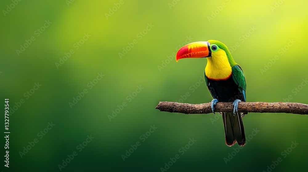Fototapeta premium A vibrant toucan perched on a tree amidst a verdant and gold backdrop