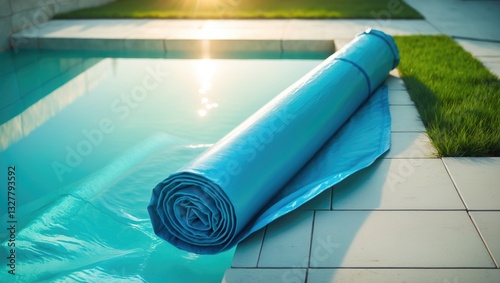 Swimming pool cover for safeguarding against dirt, leaves, heating, and cooling of water, with copy space. Blue tarpaulin pool cover.