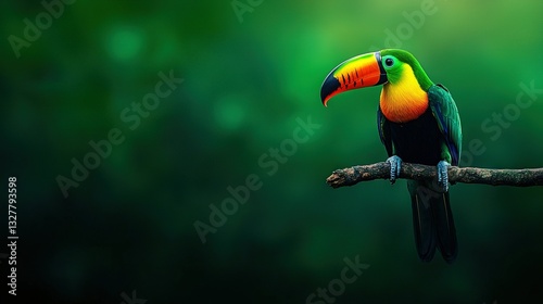   A bird in a vibrant shade, perched on a leafy twig against a dark backdrop, with a toucan adjacent in hues of red, yellow, and green