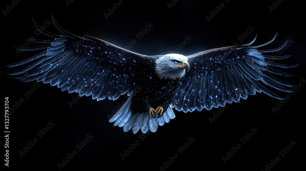 Naklejka premium A majestic eagle sculpted from stardust, its wings spread wide as if soaring through the cosmos, every feather illuminated with a soft celestial glow