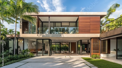 A spacious modern villa with glass walls on the first floor that seamlessly connect the living spaces to the lush outdoor garden