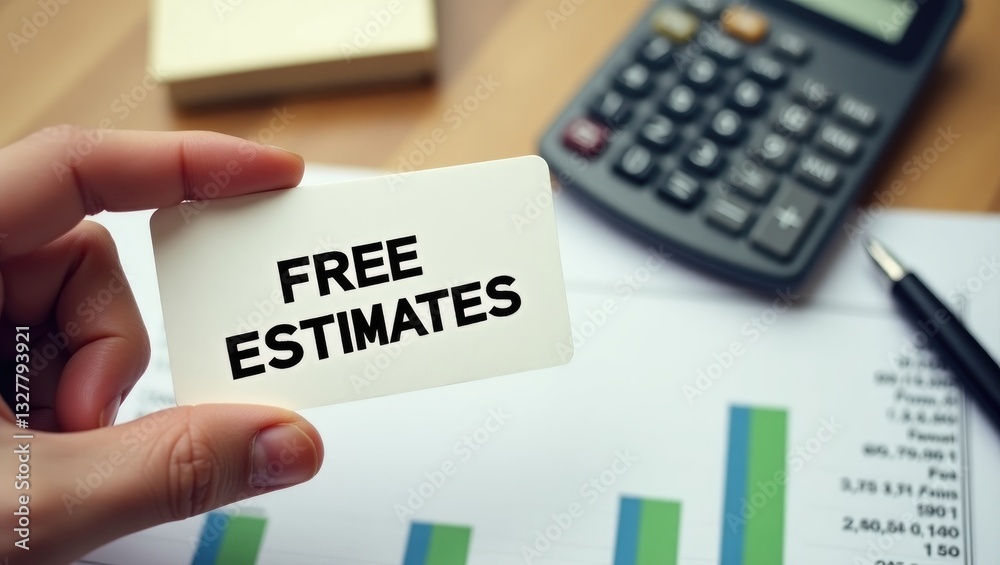 Closeup of a businessman displaying a card featuring the text ESTIMATES, capturing a business concept image with a soft focus background and a vintage feel. Closeup of a businessman displaying a card featuring the text ESTIMATES, capturing a business concept image with a soft focus background and a vintage feel.
