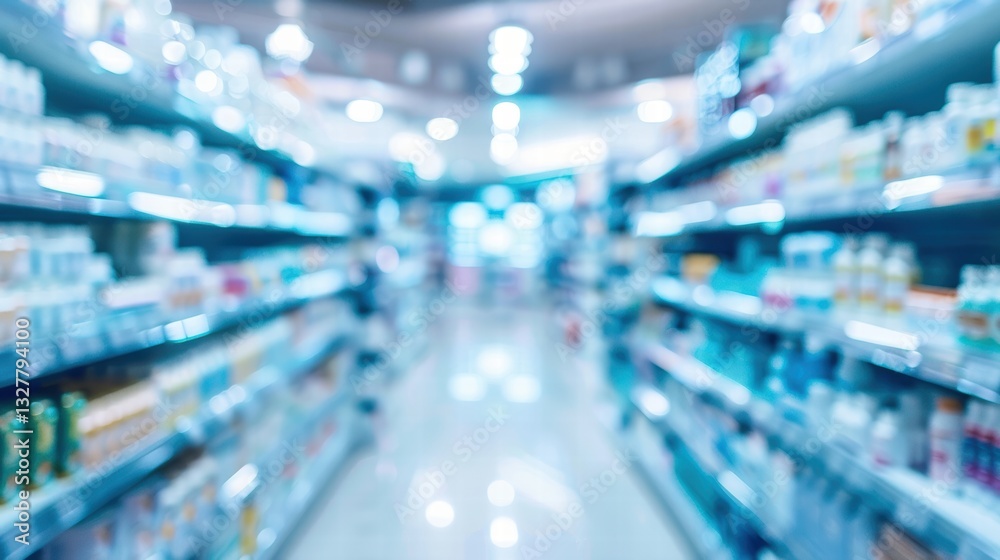 Fototapeta premium Defocused pharmacy store interior with medicine shelves and counters.