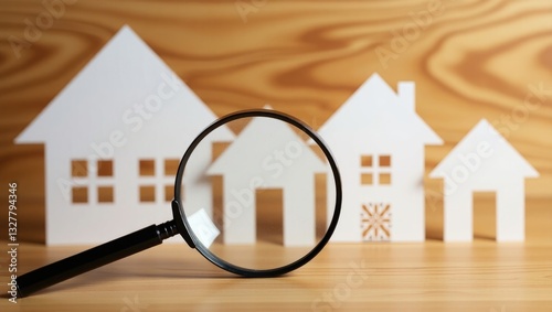 paper house with Magnifying Glass, Searching for Homes on a Wooden Surface photo