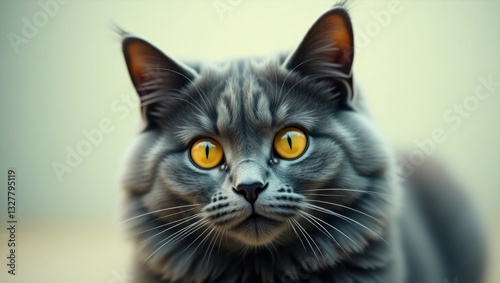 A cat with yellow eyes gazes at the camera. The cat's eyes are wide open, and its fur is grey. The cat's expression is intense and inquisitive, as if it is trying to comprehend what is occurring.