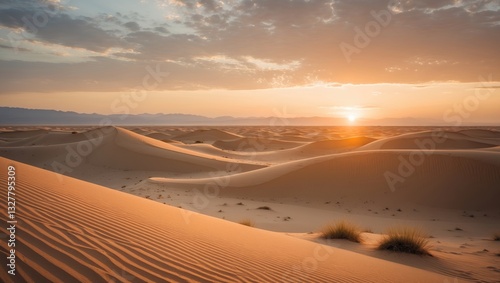 Fototapeta Naklejka Na Ścianę i Meble -  Sunset above the sand dunes in the desert.