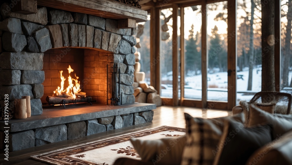 Cozy home in winter featuring a rustic stone fireplace with glowing flames, adorned in brown and grey tones. Cozy home in winter featuring a rustic stone fireplace with glowing flames, adorned in brown and grey tones.