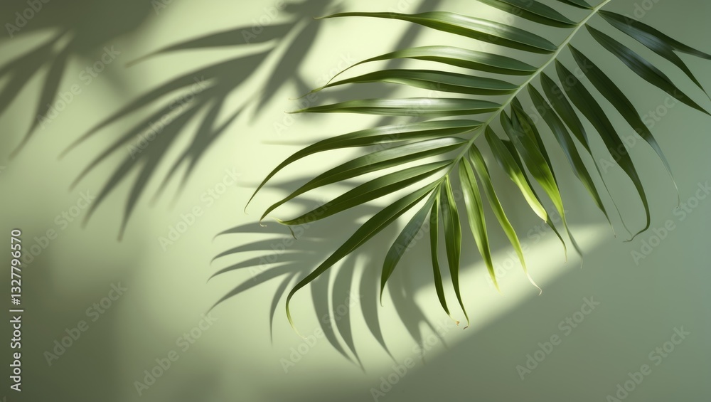 Obraz premium Palm leaf shadow on a green wall backdrop. Olive-colored fashionable flat lay featuring trendy shadow and sunlight.