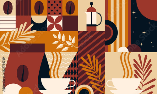 Coffee background. Set of coffee signs, icons, symbols for menu design. Cappuccino, americano, espresso, mocha, latte. Various coffee drinks set. Cups, beans and coffee makers. Broun design