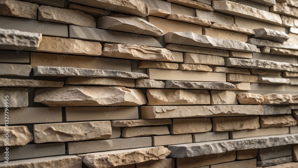 Stone cladding wall constructed from striped, stacked slabs of natural stone. Exterior paneling. Stone cladding wall constructed from striped, stacked slabs of natural stone. Exterior paneling.