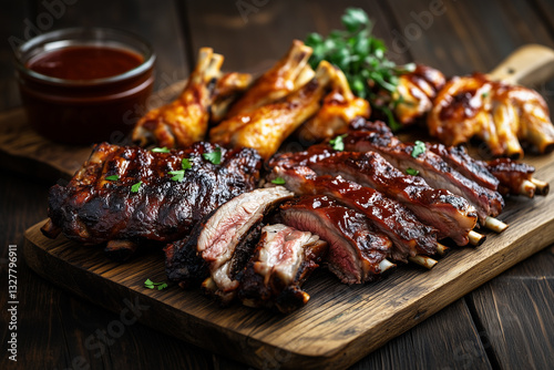 Meat platter with marinated ribs, chicken wings, steak slices, and barbecue sauce