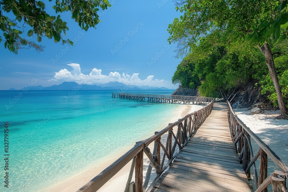 Obraz premium Tropical beach with a wooden pier extending over clear blue water