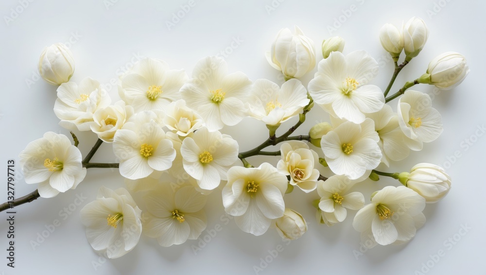 Fototapeta premium Closeup of a bunch of orange tree flowers isolated on a white background. Macro of white citrus tree blooms.
