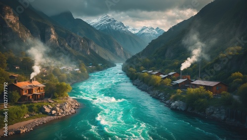 Breathtaking and striking river canyon shaped by a river between two snow-covered mountains.