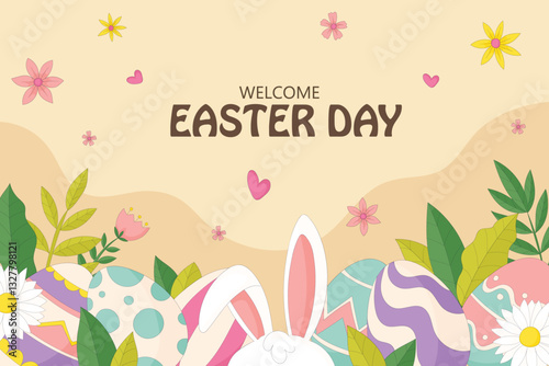 Cheerful Easter-themed illustration featuring decorated eggs, lush greenery, and blooming flowers. Bunny ears peek out from the bottom, with "Welcome Easter Day" displayed in bold text against.