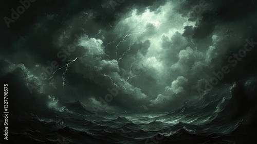 Stormy sea, dramatic clouds, powerful lightning