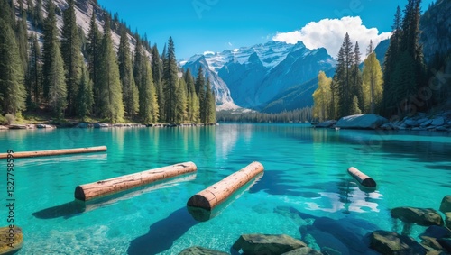 Sunken logs resting in a bright, clear lake. photo