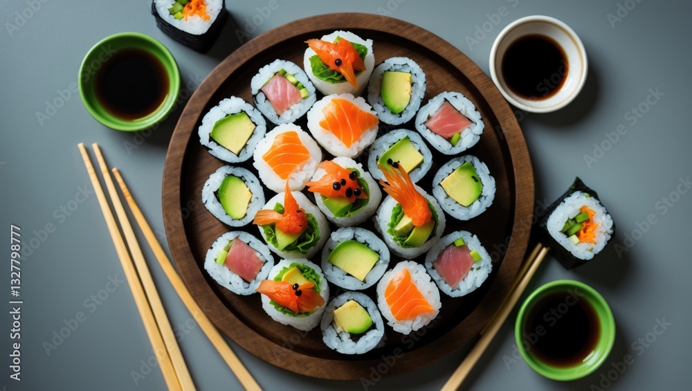 Platter of sushi rolls viewed from above on a gray background. Platter of sushi rolls viewed from above on a gray background.