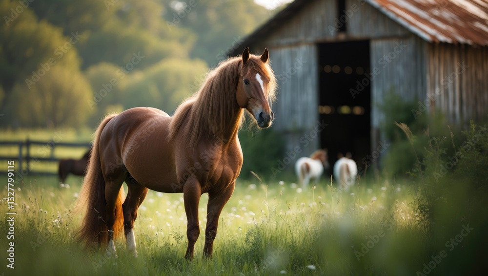 Fototapeta premium Photo of a majestic brown horse elegantly positioned in tall grass next to a structure.