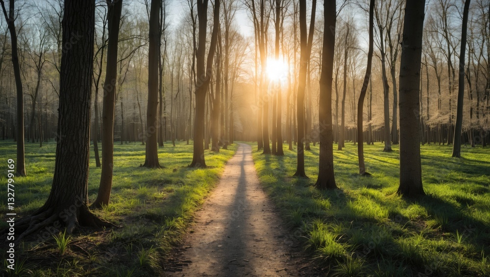 Fototapeta premium Sunlight filtering through trees onto a path in a spring, beech tree forest.