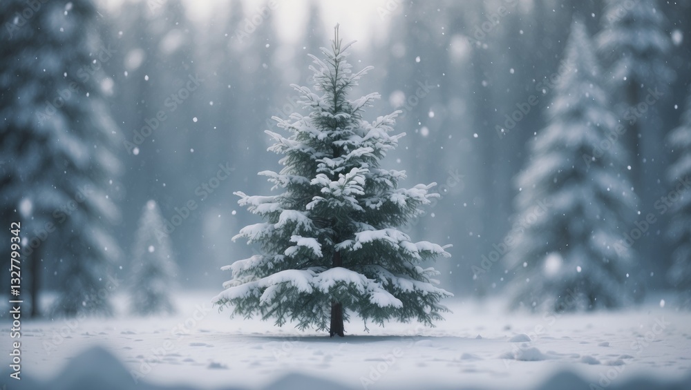Fototapeta premium Outdoor image of a charming small fir tree surrounded by deep snow.