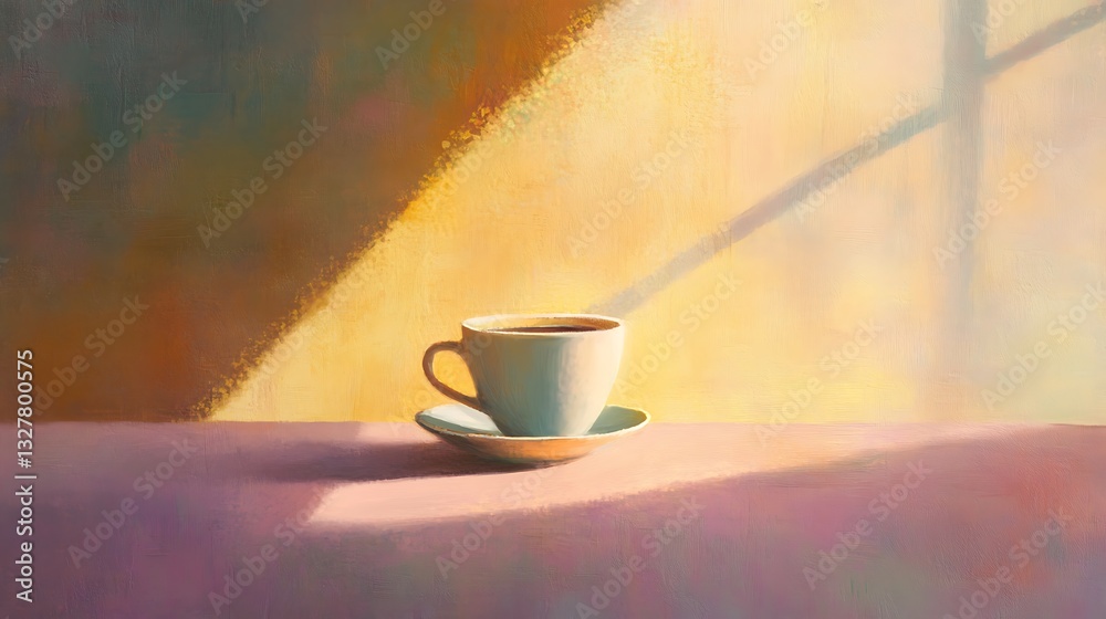 Obraz premium A ceramic coffee cup sits on a saucer in the sunlit room