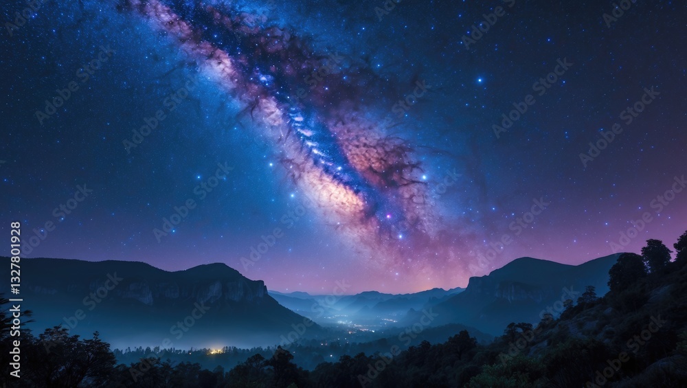 Fototapeta premium Picture of the Milky Way with a view into the valley.