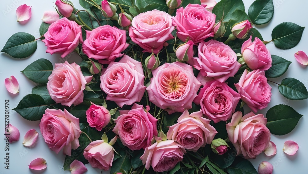 Bed of roses featuring a large arrangement of vibrant pink flowers, buds, petals, and leaves casually spread on a surface, isolated against a background. Bed of roses featuring a large arrangement of vibrant pink flowers, buds, petals, and leaves casually spread on a surface, isolated against a background.