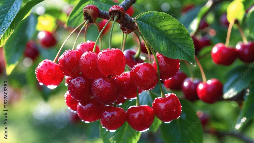 Fototapeta premium Branch of mature cherries on a tree in a garden
