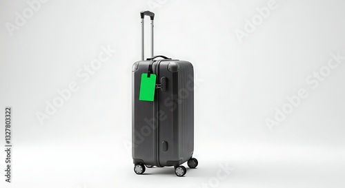 Isolated luggage with vibrant green tag symbolizes preparation for adventure