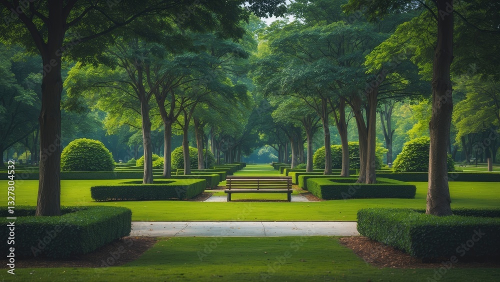 Fototapeta premium Park. Landscape architecture. Trees, pathways, seating, flora, grass.