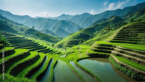 Image of rice fields situated in elevated mountainous terrain.