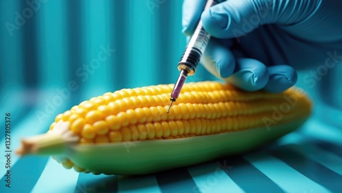 genetically modified corn cob with syringe on striped backdrop
