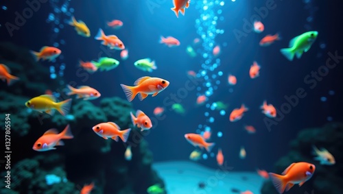 Fluorescent fish, genetically modified Glofish in an aquarium.