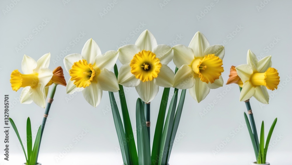 Spring floral border featuring fresh daffodil flowers, placed on a white background. Selective focus. Spring floral border featuring fresh daffodil flowers, placed on a white background. Selective focus.