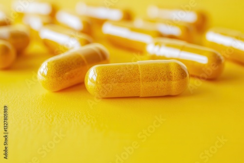 Close-up of yellow capsules on a bright yellow background depicting health and wellness concepts.