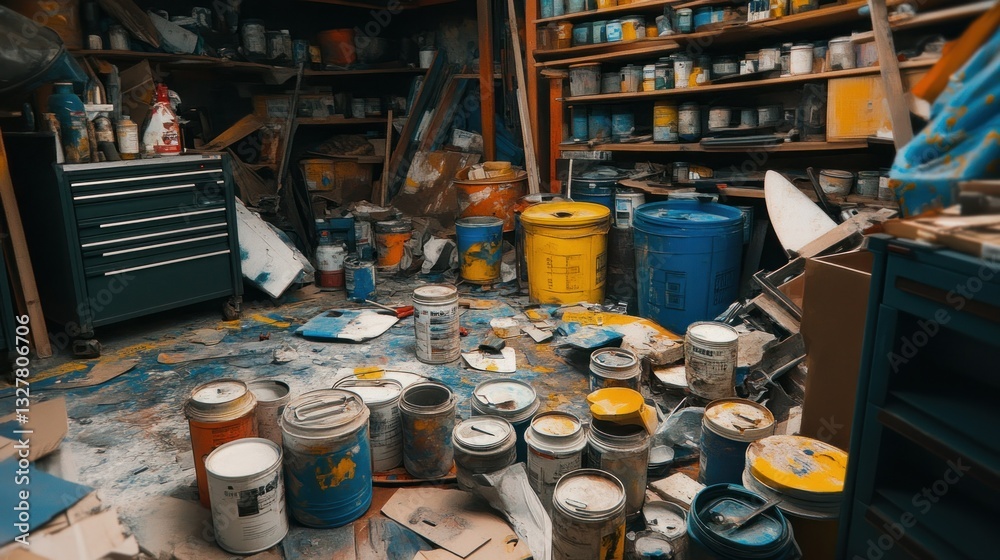 A cluttered workshop filled with paint cans and various supplies A cluttered workshop filled with paint cans and various supplies