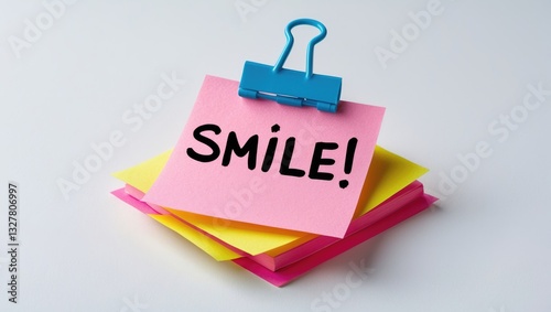 Smile written on a pink sticky note placed on a white surface.