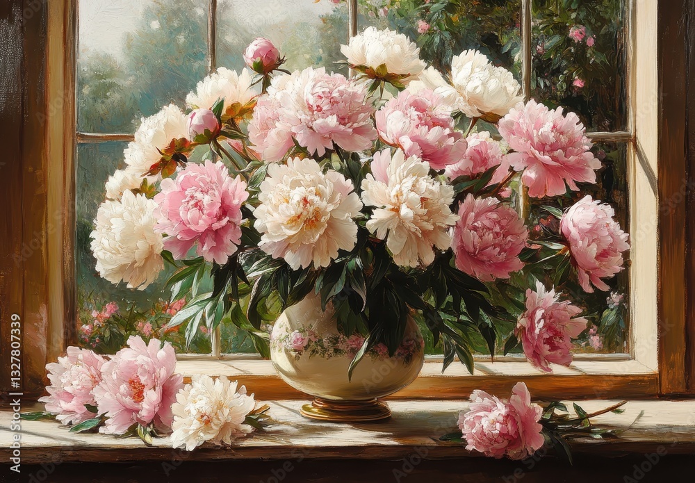 Obraz premium Beautiful bouquet of pink and white peonies in a vintage vase on a window sill surrounded by fresh flowers and sunlight illuminating the scene