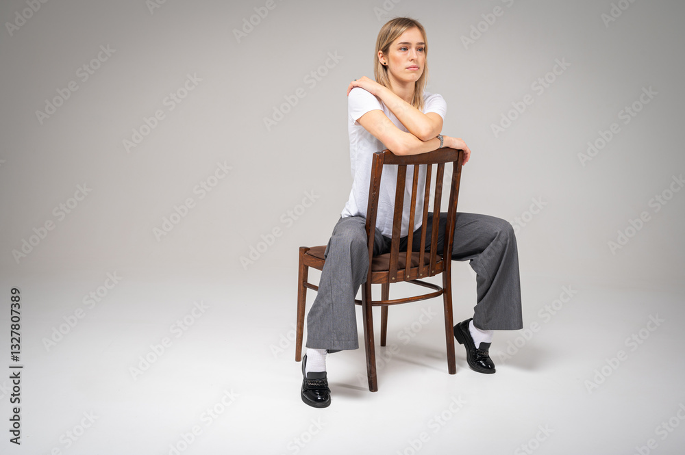 Smiling young woman with blond hair sitting on wooden chair, touching face with both hands. Happy, relaxed expression, white background, casual style, for banner, place for inscription