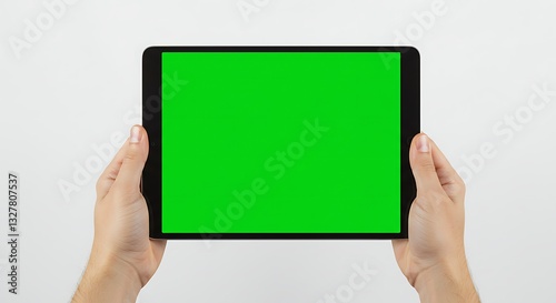 Hands holding a tablet device with chroma key screen display for advertising