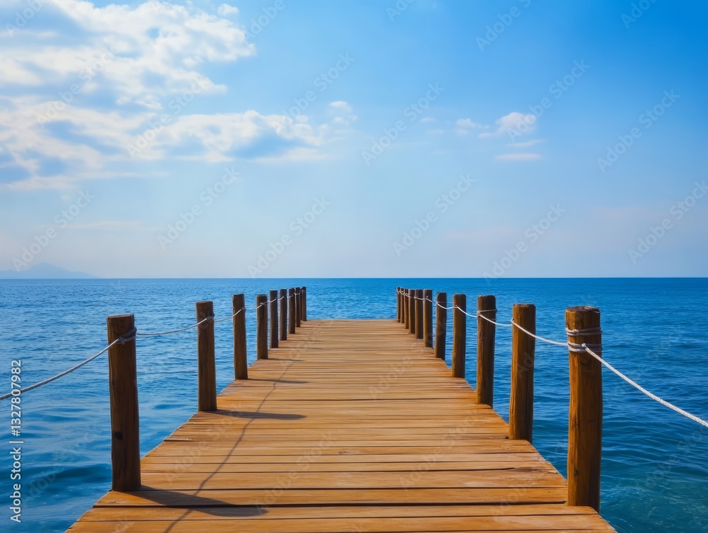 Long wooden pier stretching into the blue sea on sunny day Long wooden pier stretching into the blue sea on sunny day