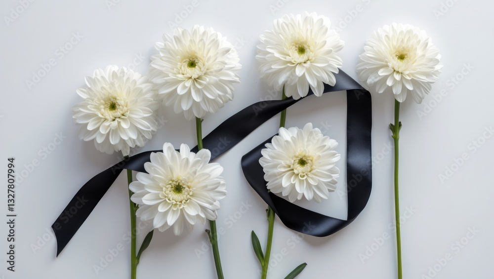 Obraz premium Funeral symbols. White flowers alongside a black ribbon on a background with top view and copy space.