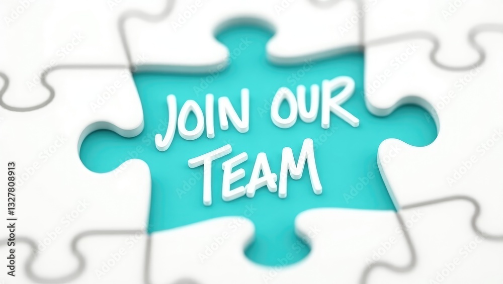 Job recruiting advertisement depicted by the 'JOIN OUR TEAM' text on a jigsaw puzzle board. Rows of jigsaw pieces are missing from an attractive background - a metaphor representing hiring positions.