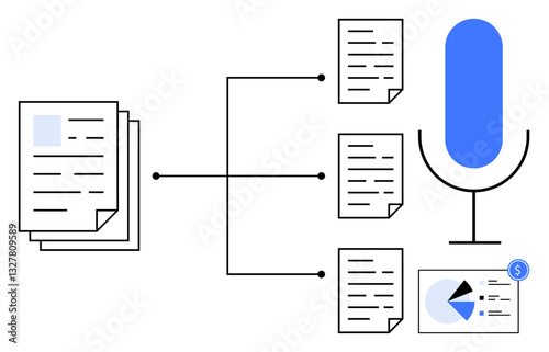 Documents linked to microphone and chart represent transcription, automation, and analysis processes. Ideal for productivity, technology, workflow optimization, voice-to-text, organization