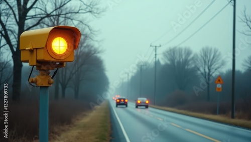 A speed camera equipped with radar monitors traffic on a road, flashing a yellow light when it detects a vehicle exceeding the speed limit, and utilizing technology to identify the car. photo