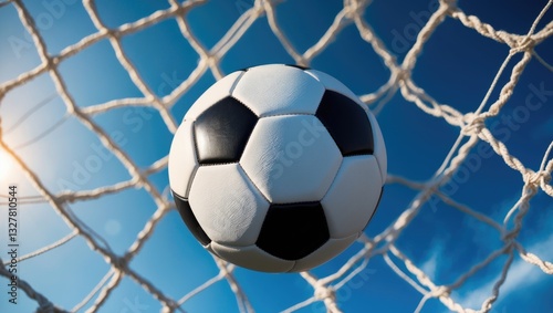 Soccer ball in goal net at a large stadium against a clear blue sky.