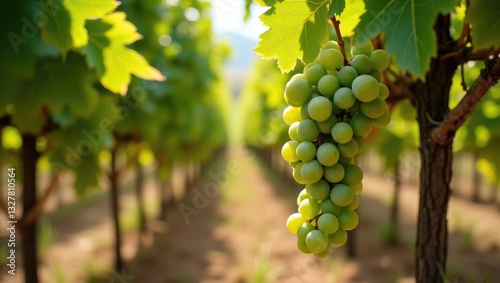 Wallpaper Mural A tranquil image of a cluster of low-hanging green grapes in a vineyard, surrounded by light green grapevine leaves and sunlit soil, representing agricultural abundance. Torontodigital.ca
