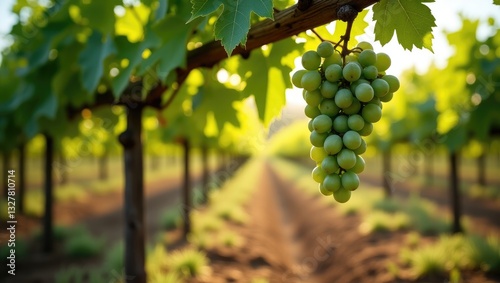 Wallpaper Mural A tranquil image of a cluster of low-hanging green grapes in a vineyard, encircled by light green grapevine leaves and sunlit soil, representing agricultural abundance. Torontodigital.ca