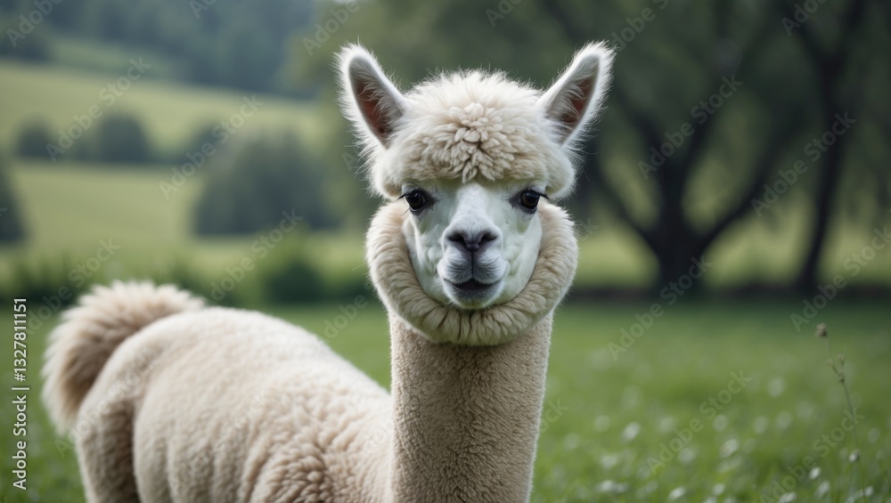 Funny white alpaca with plenty of wool is relaxing in the meadow. Funny white alpaca with plenty of wool is relaxing in the meadow.